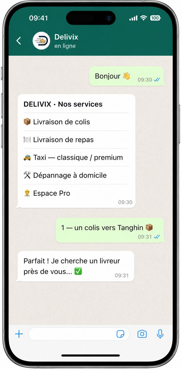 Aperçu d'une conversation Delivix sur WhatsApp : menu des services, commande d'un colis et recherche d'un livreur.